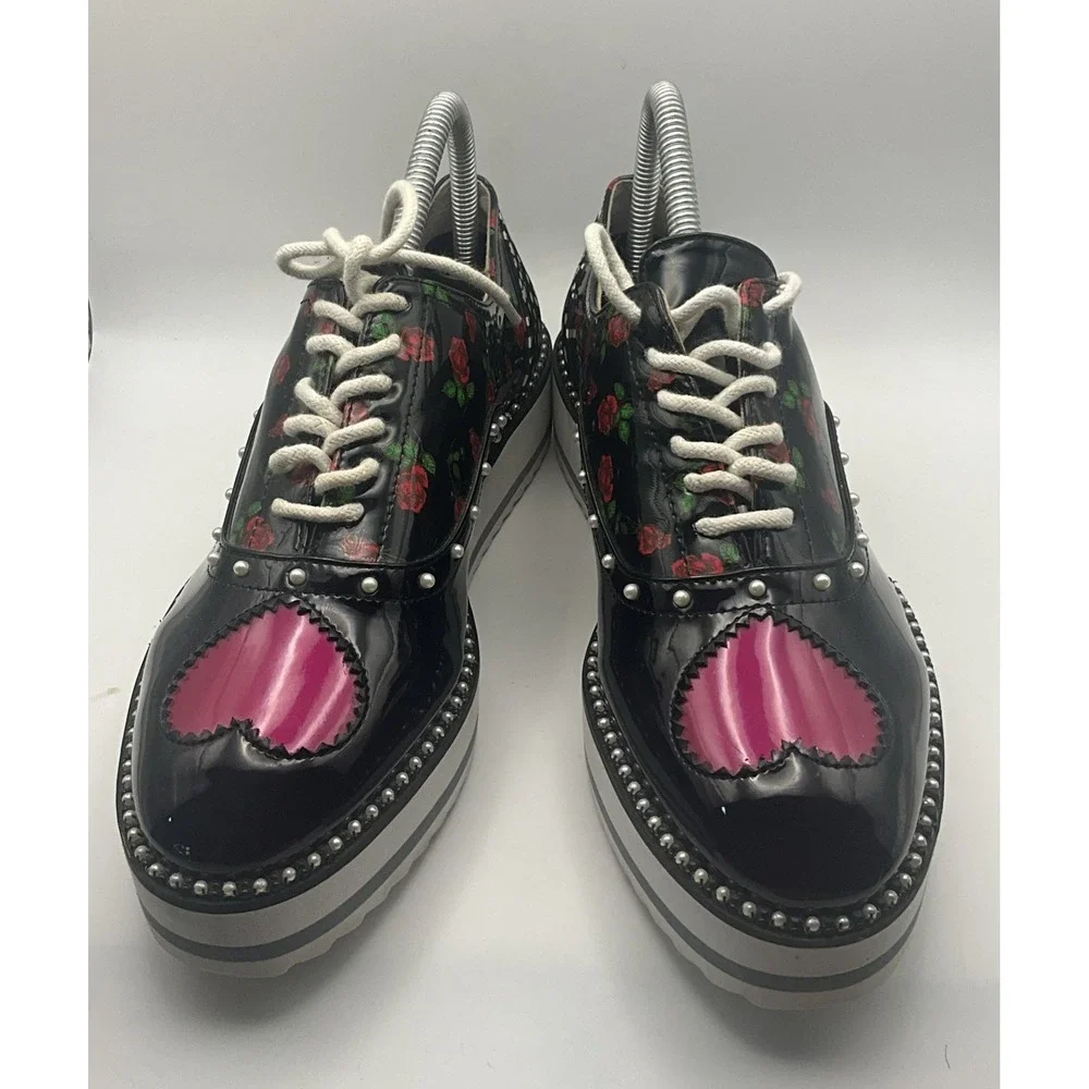 Betsey Johnson Marti Platform Oxford Shoes 7.5 Patent Leather Punk Pearls Hearts